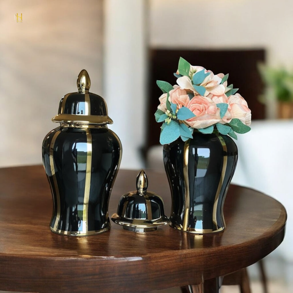 Black ginger jar with golden stripes
