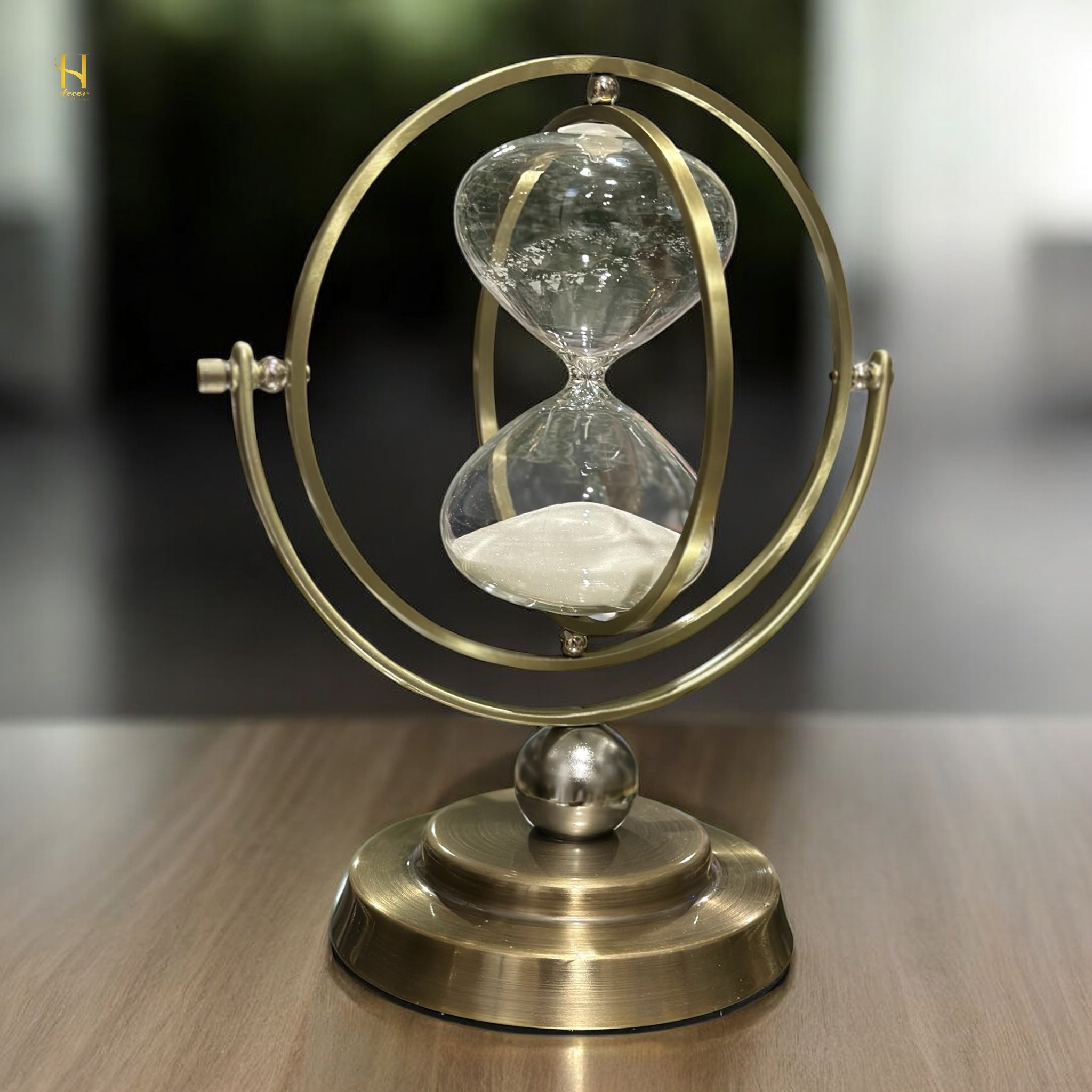 Brass-Tone Metal Hourglass with 360° Rotating Globe Frame