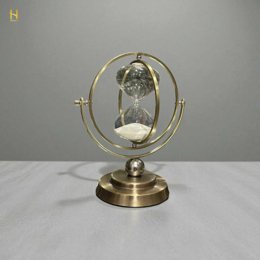 Brass-Tone Metal Hourglass with 360° Rotating Globe Frame