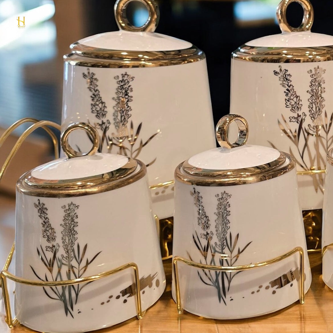 Floral Ceramic Canister Set with Gold Stand