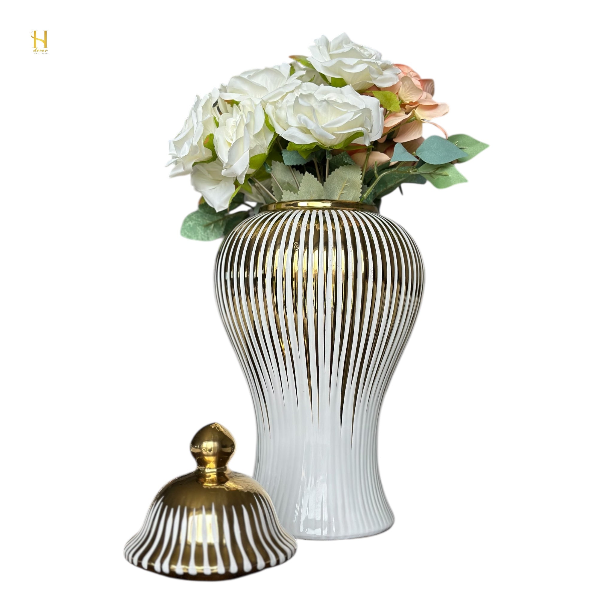 White Ginger Jar with Gold Stripes