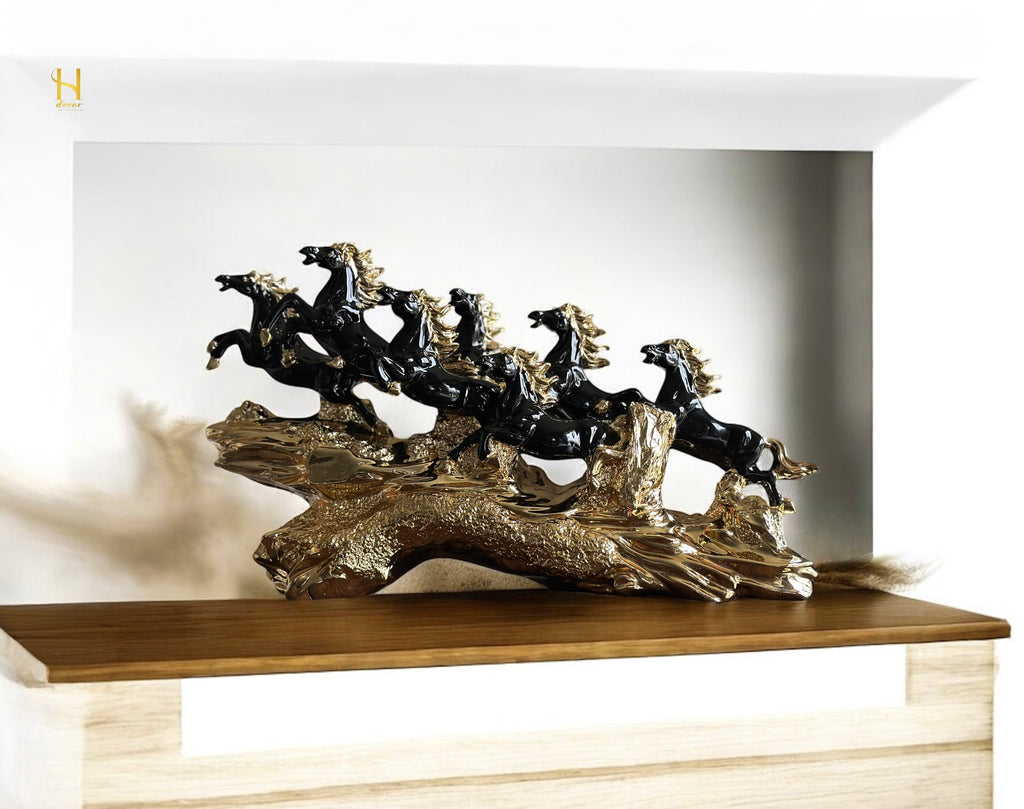 Seven Black and Golden Horses Sculpture
