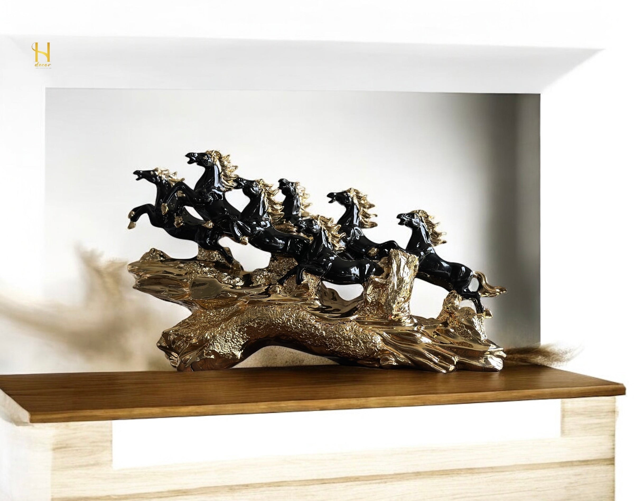 Seven Black and Golden Horses Sculpture