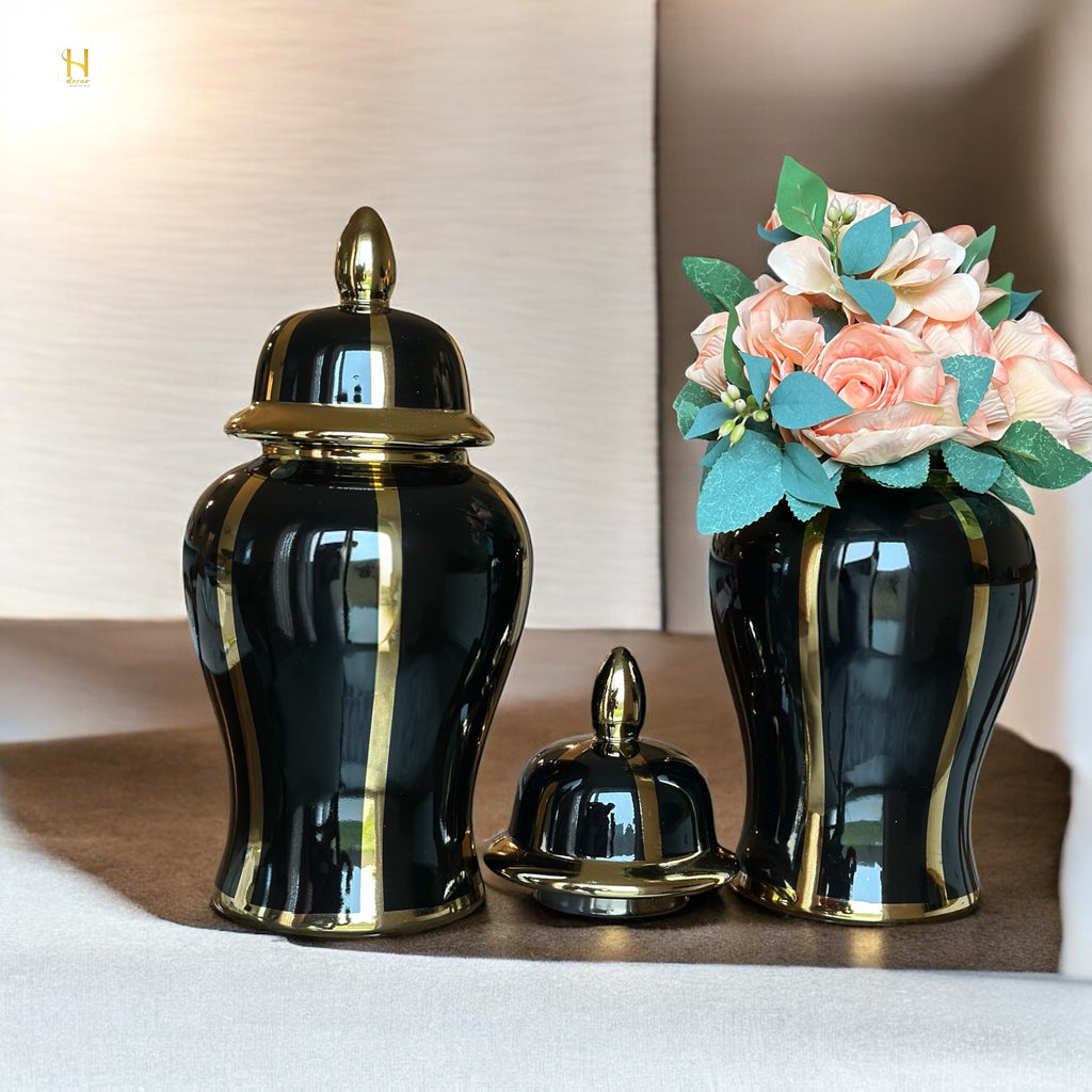 Black ginger jar with golden stripes