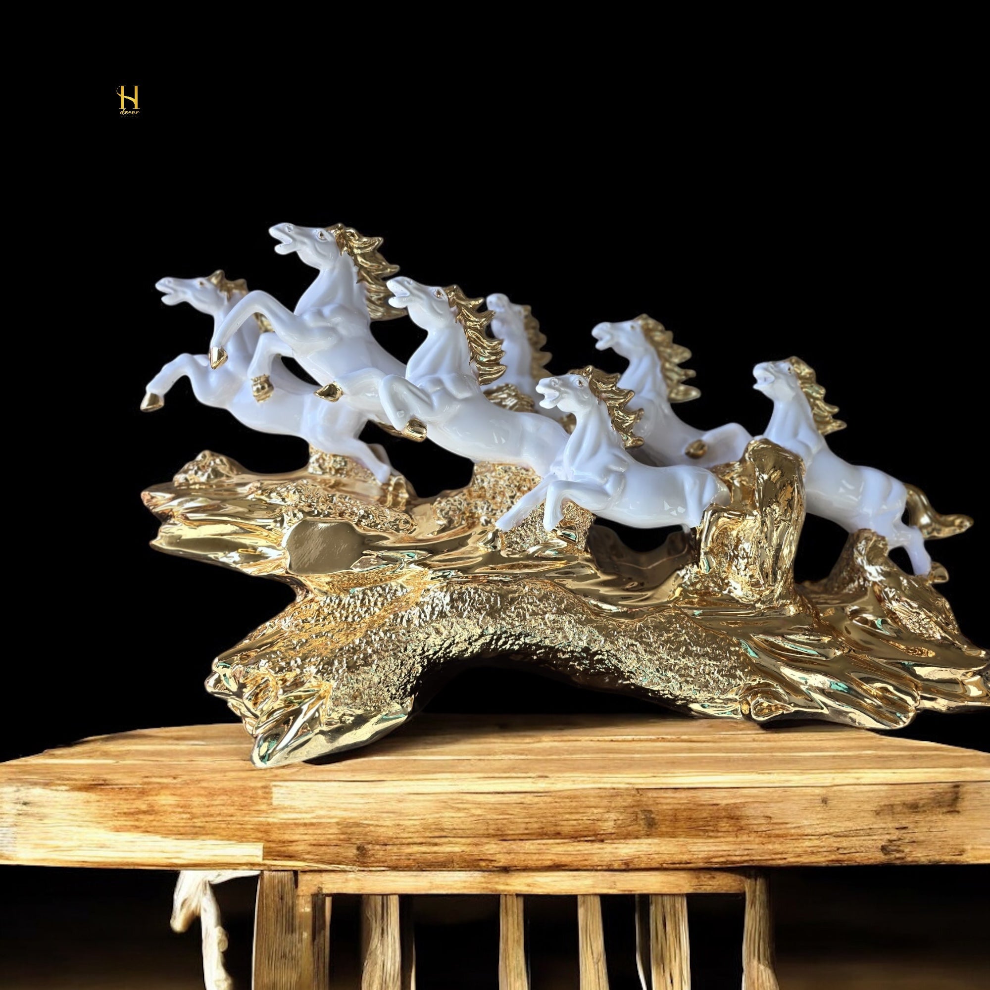 Seven Black and Golden Horses Sculpture