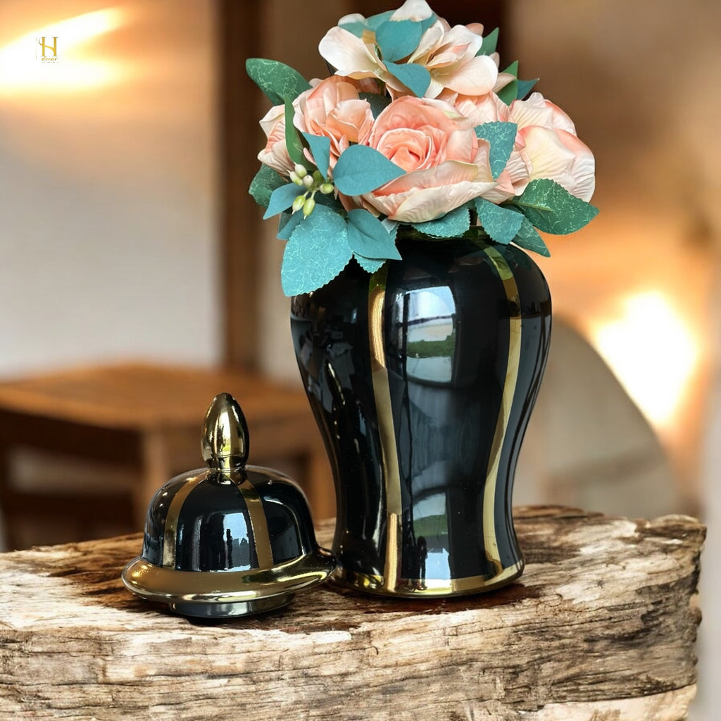 Black ginger jar with golden stripes