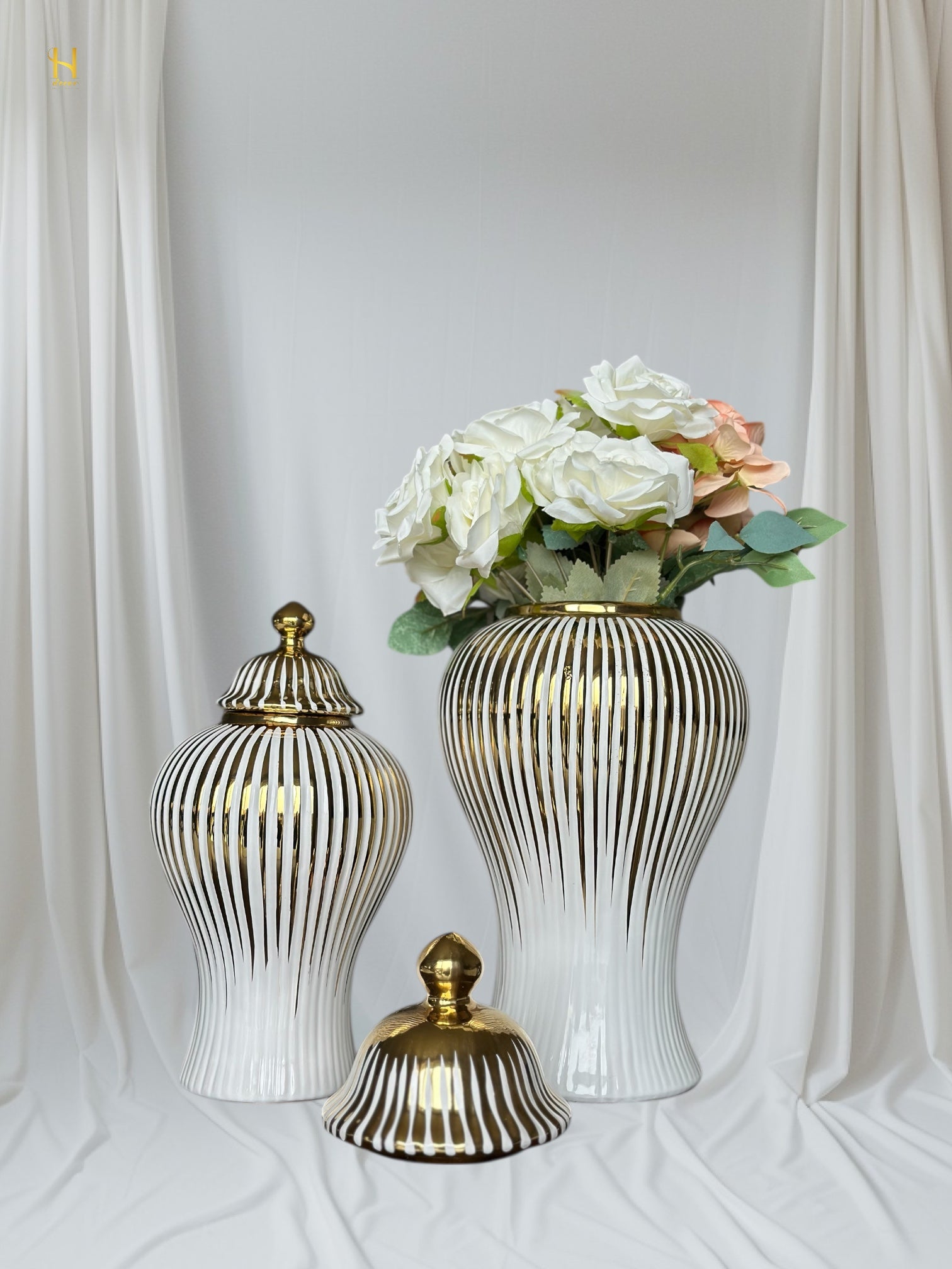 White Ginger Jar with Gold Stripes