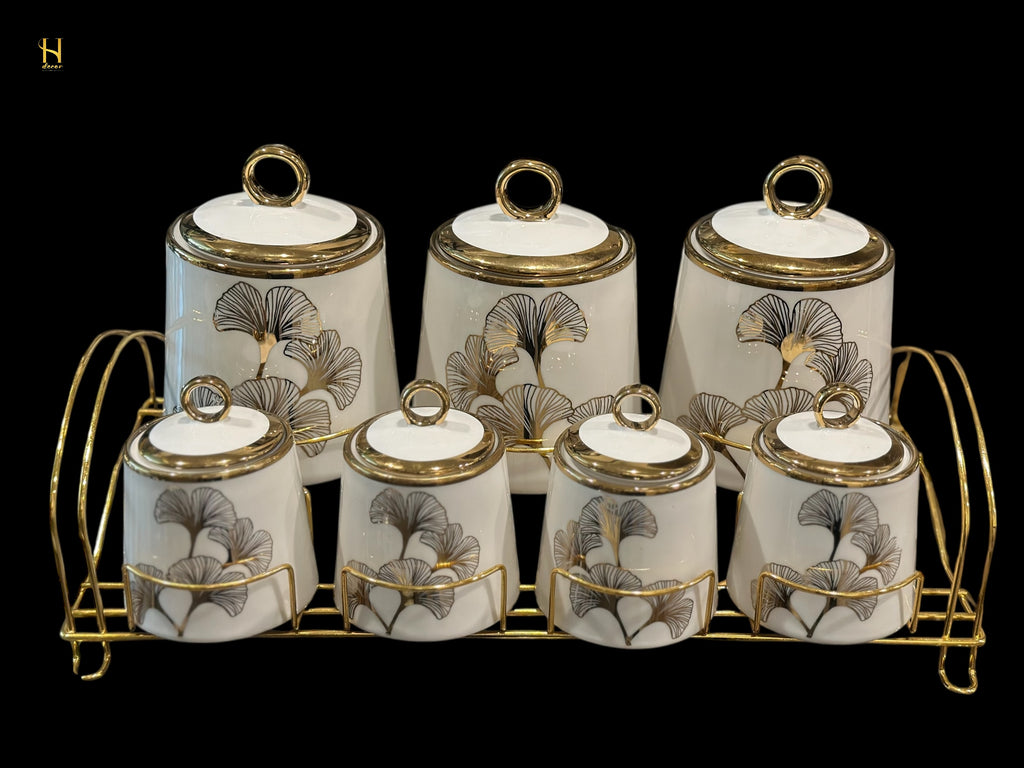 Luxury Ginkgo Leaf Canister Set /Spice Jar Set with Gold Accents - 7 Piece Collection