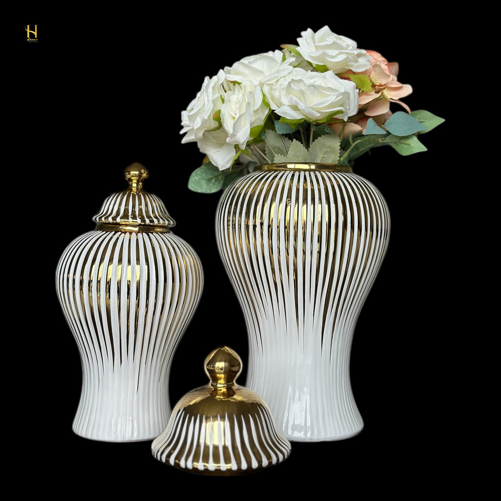 White Ginger Jar with Gold Stripes