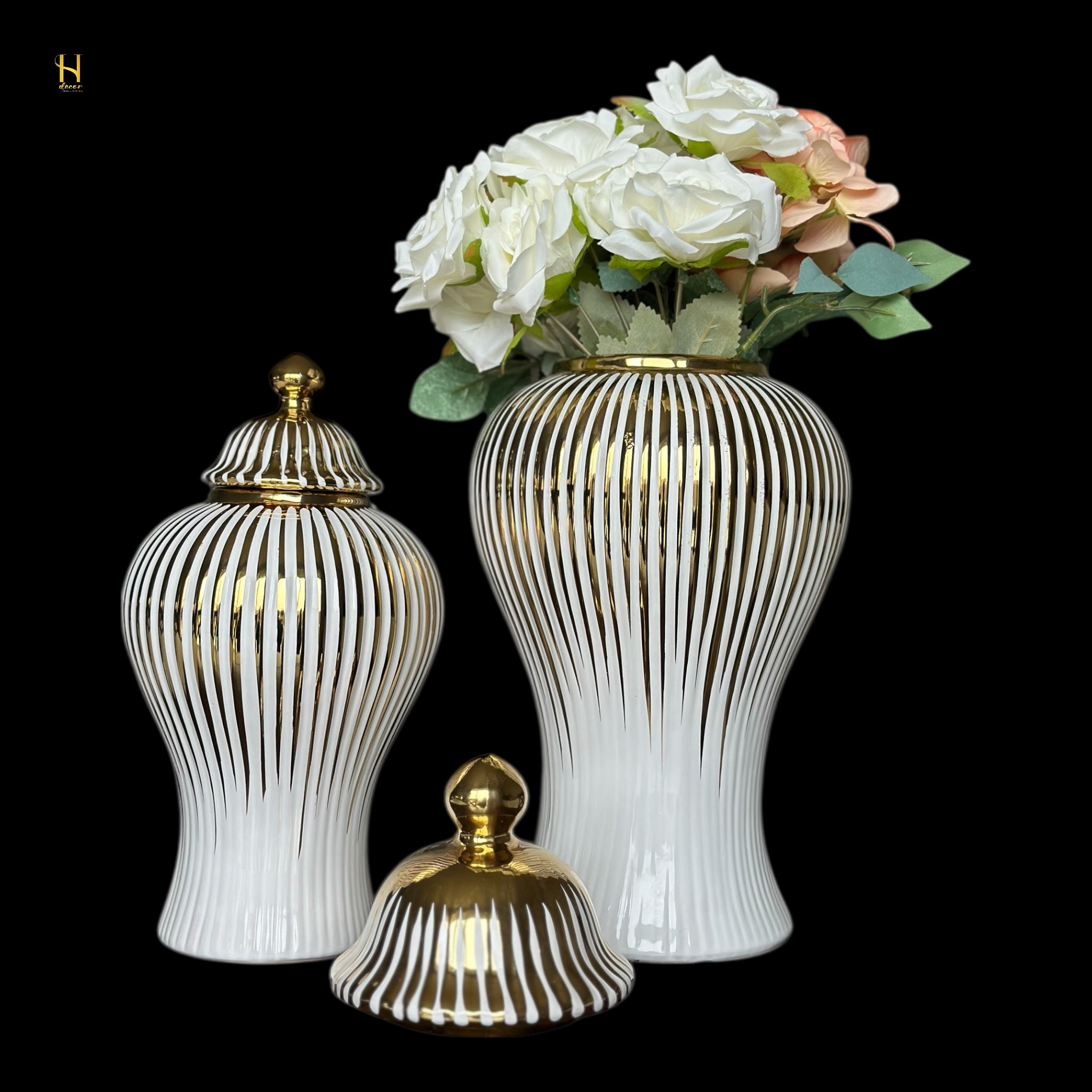 White Ginger Jar with Gold Stripes