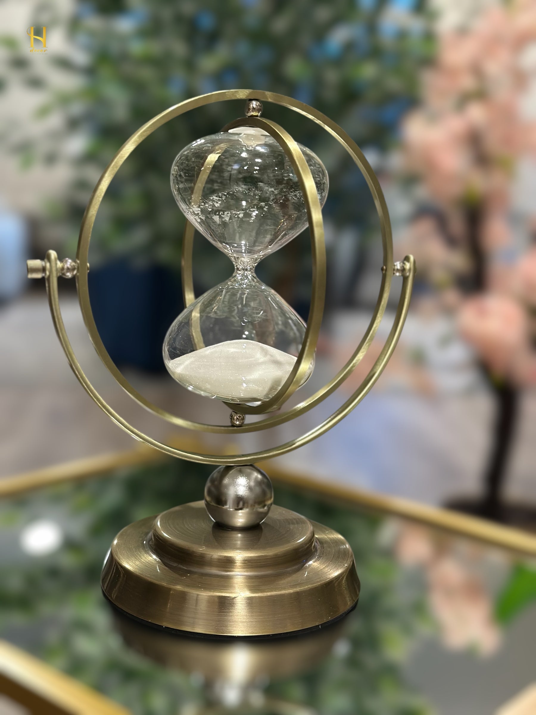 Brass-Tone Metal Hourglass with 360° Rotating Globe Frame