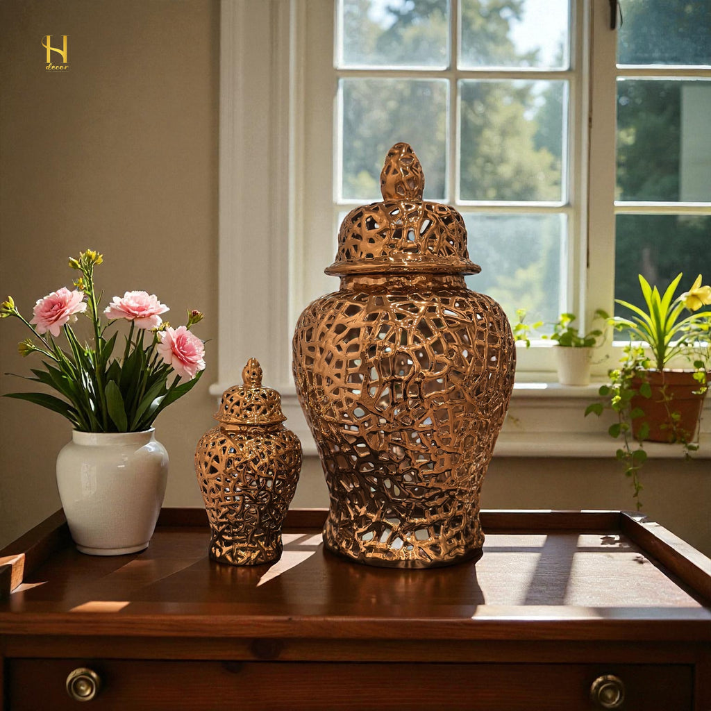 Pair of Golden Ginger Jar - Premium Home Decor