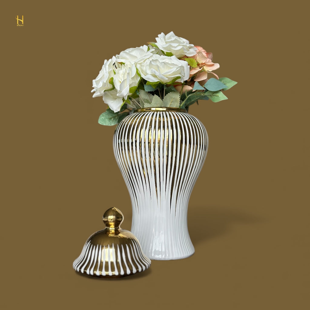 White Ginger Jar with Gold Stripes