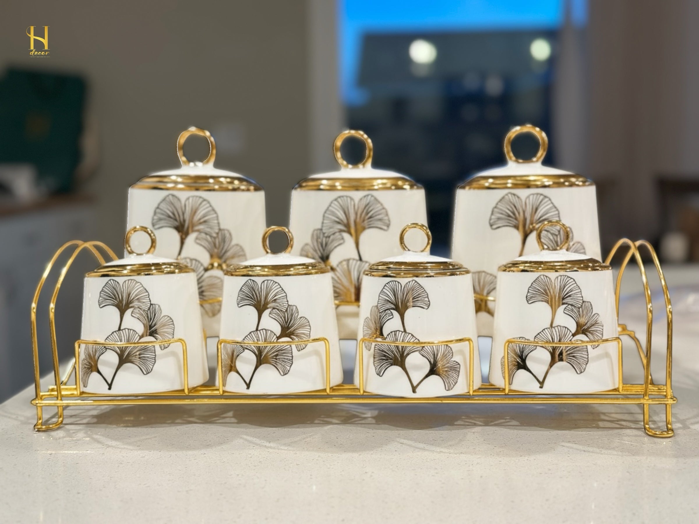 Luxury Ginkgo Leaf Canister Set /Spice Jar Set with Gold Accents - 7 Piece Collection