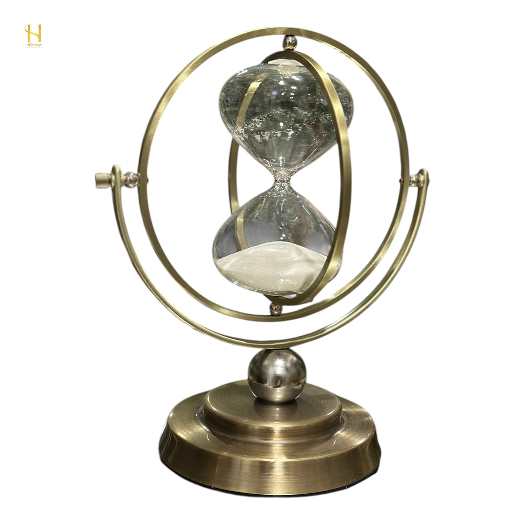 Brass-Tone Metal Hourglass with 360° Rotating Globe Frame