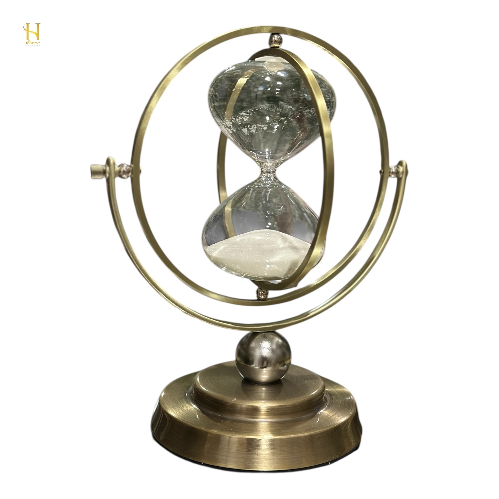 Brass-Tone Metal Hourglass with 360° Rotating Globe Frame