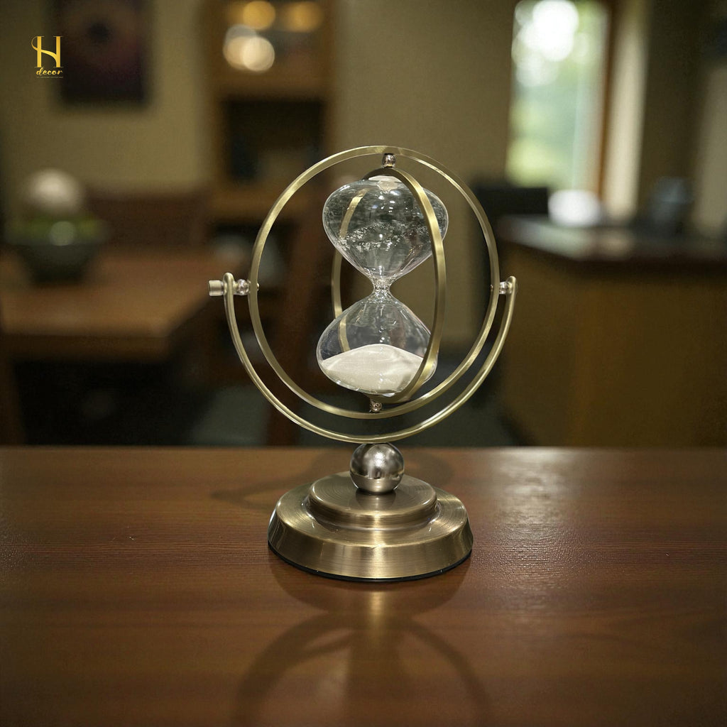 Brass-Tone Metal Hourglass with 360° Rotating Globe Frame