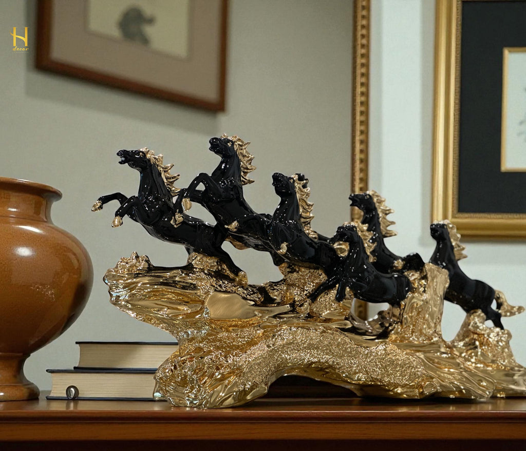 Seven Black and Golden Horses Sculpture