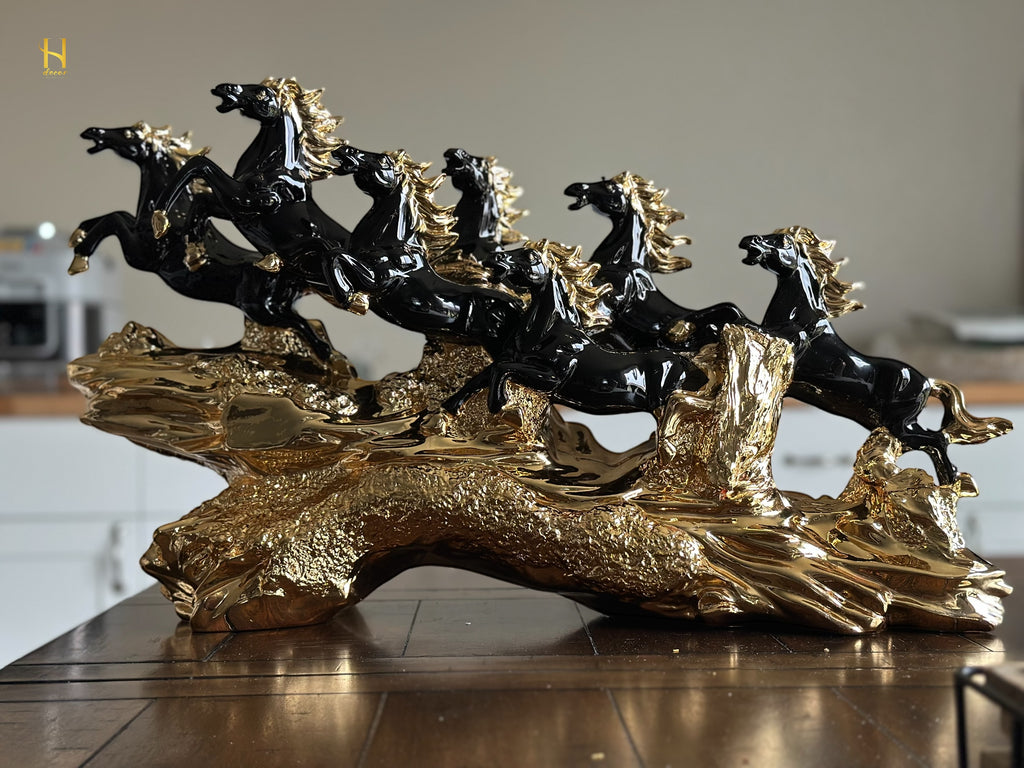 Seven Black and Golden Horses Sculpture