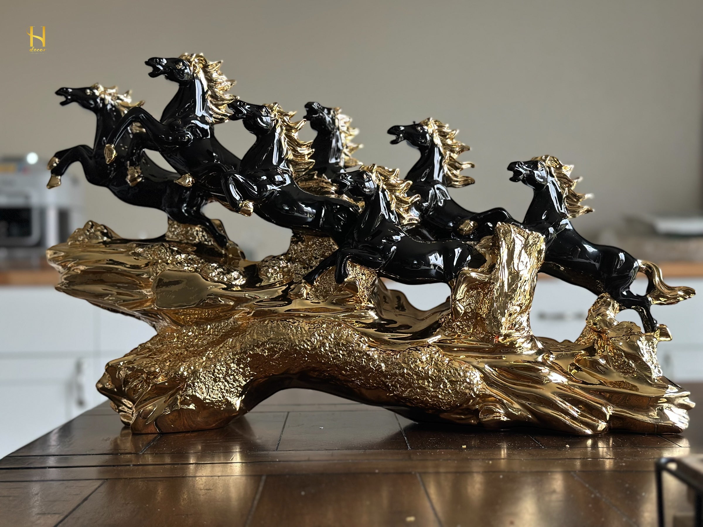 Seven Black and Golden Horses Sculpture
