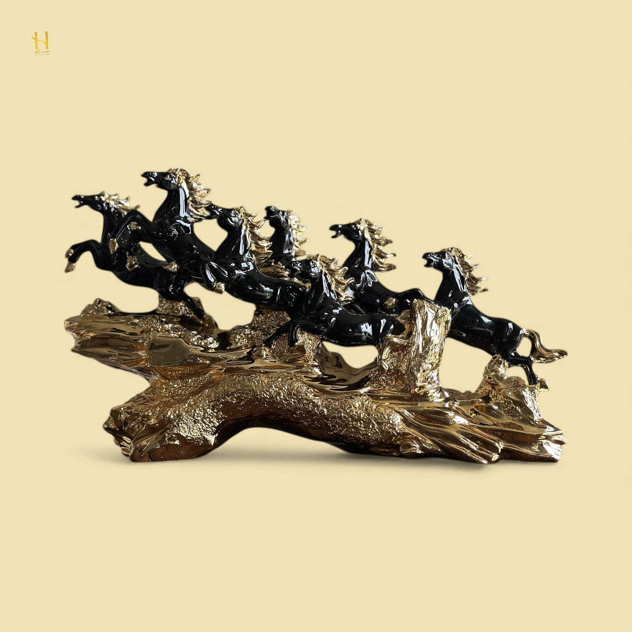 Seven Black and Golden Horses Sculpture