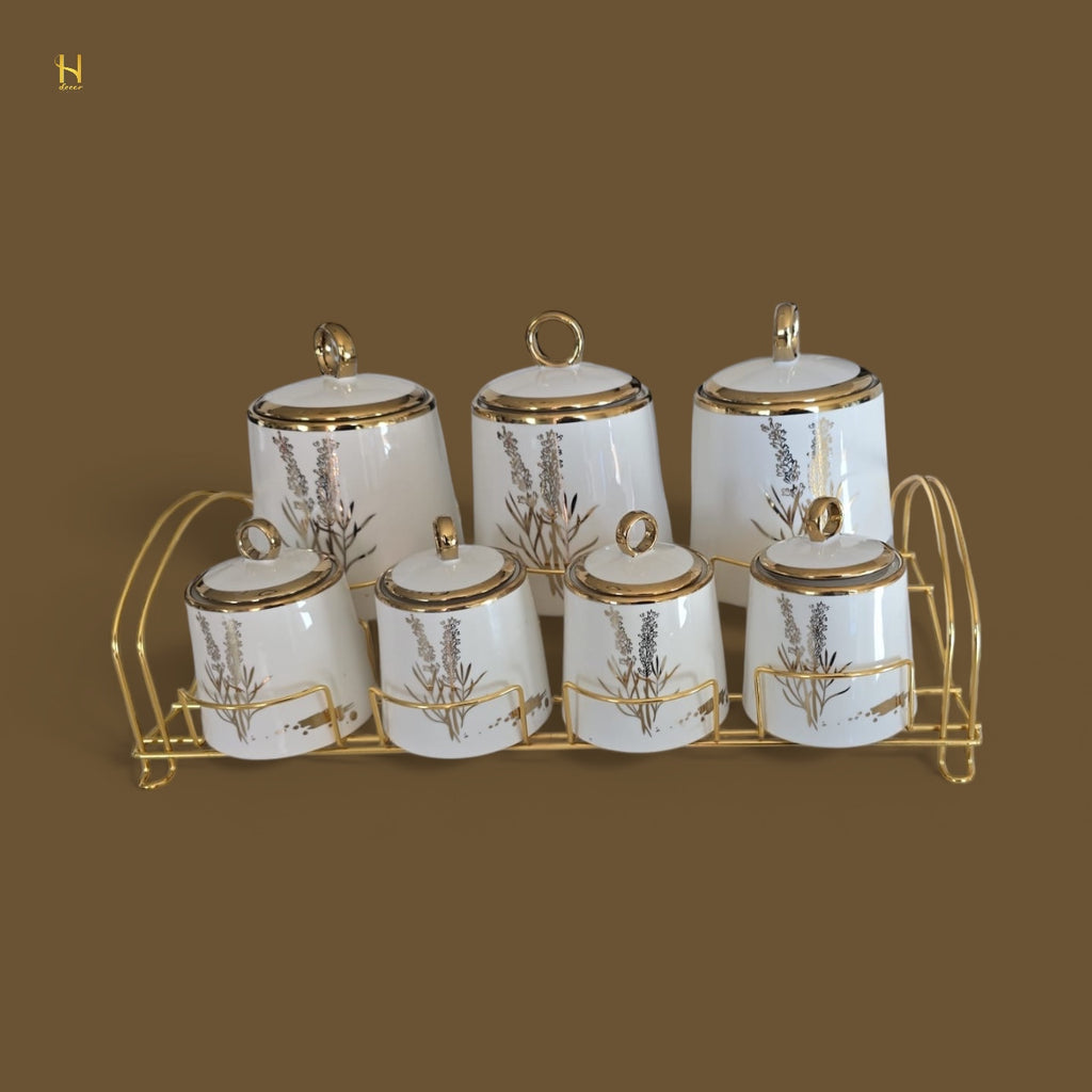 Floral Ceramic Canister Set with Gold Stand