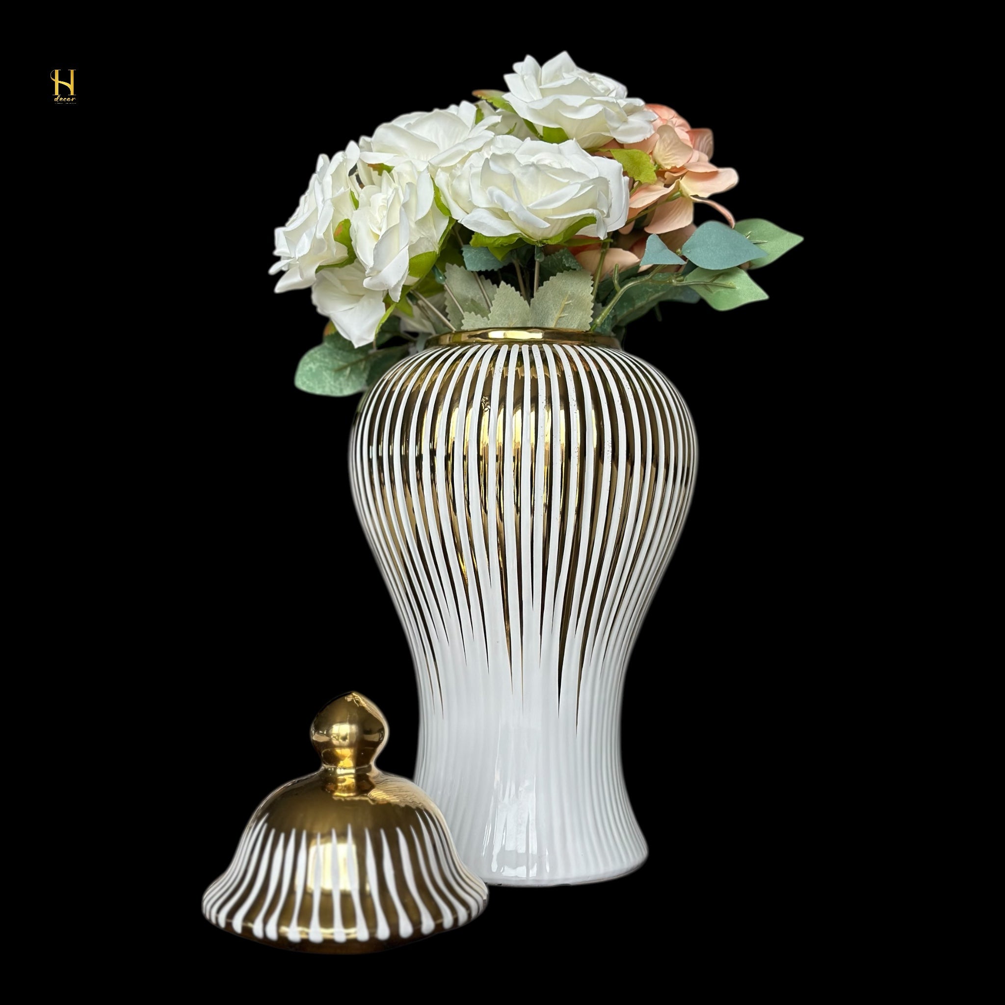White Ginger Jar with Gold Stripes