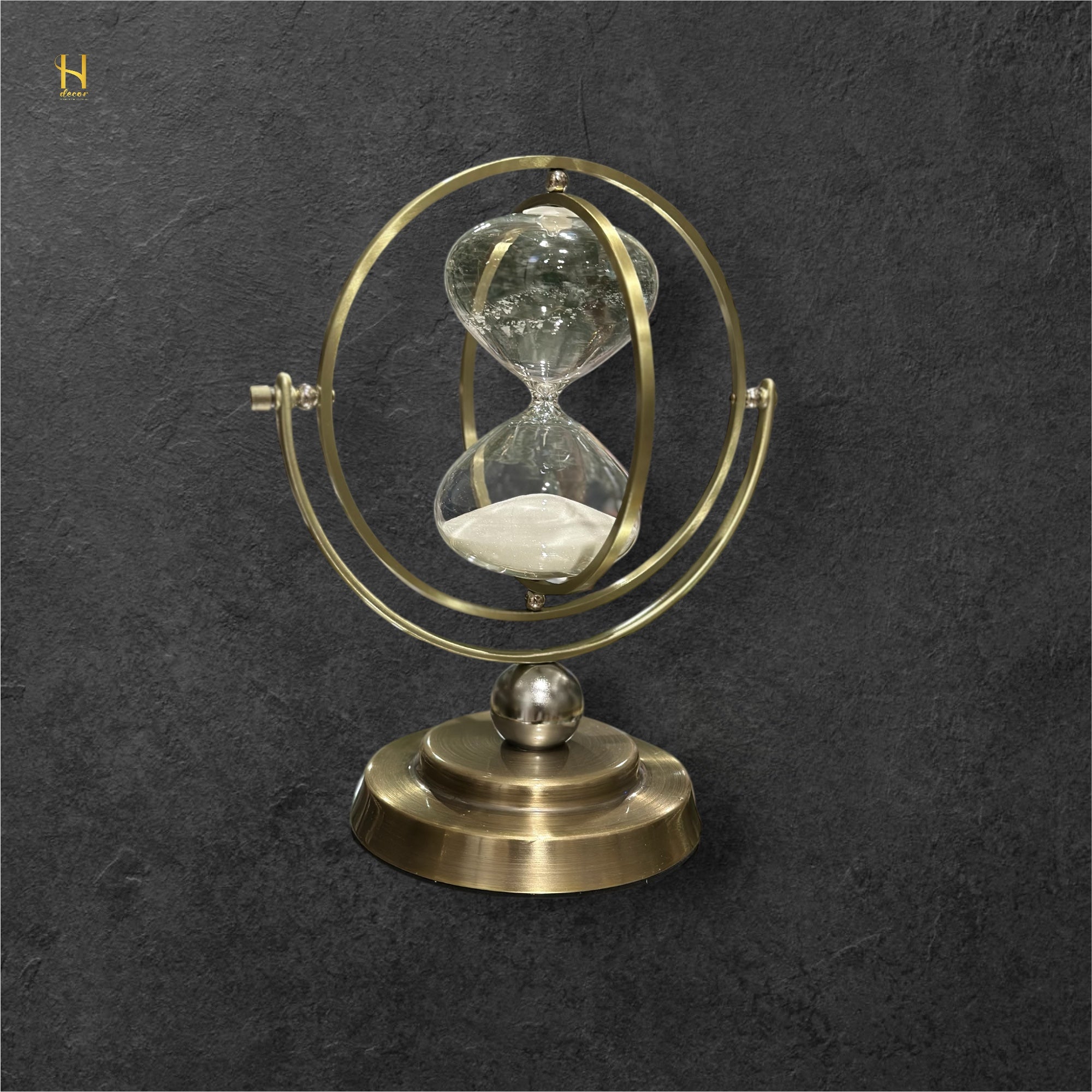 Brass-Tone Metal Hourglass with 360° Rotating Globe Frame
