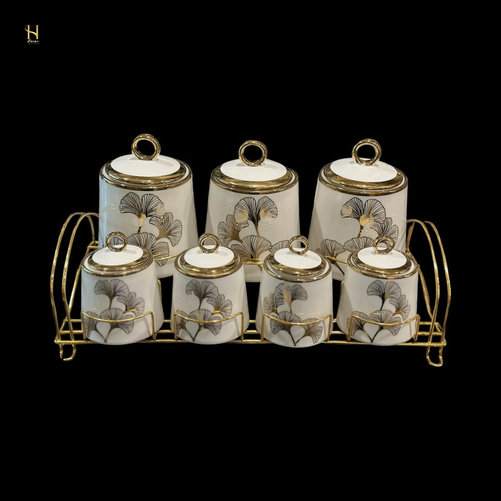 Luxury Ginkgo Leaf Canister Set /Spice Jar Set with Gold Accents - 7 Piece Collection