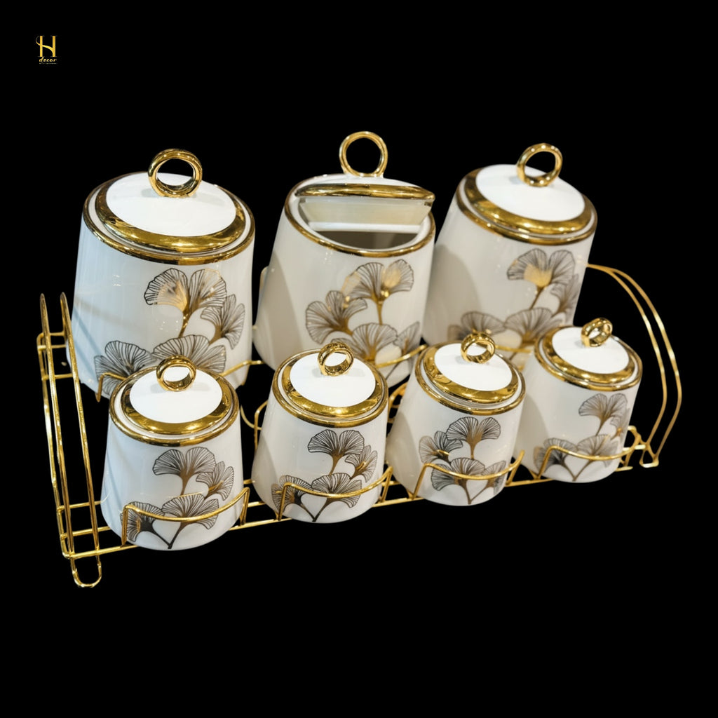 Luxury Ginkgo Leaf Canister Set /Spice Jar Set with Gold Accents - 7 Piece Collection