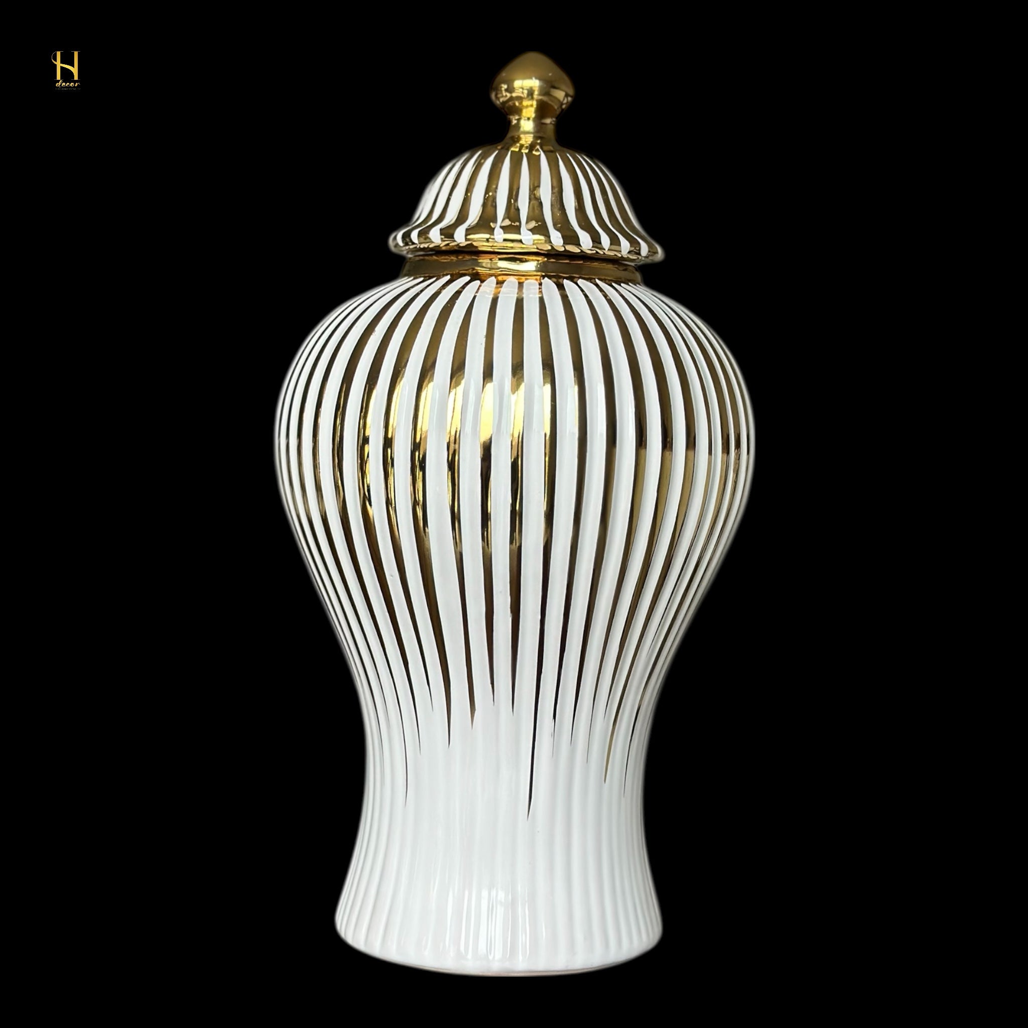 White Ginger Jar with Gold Stripes