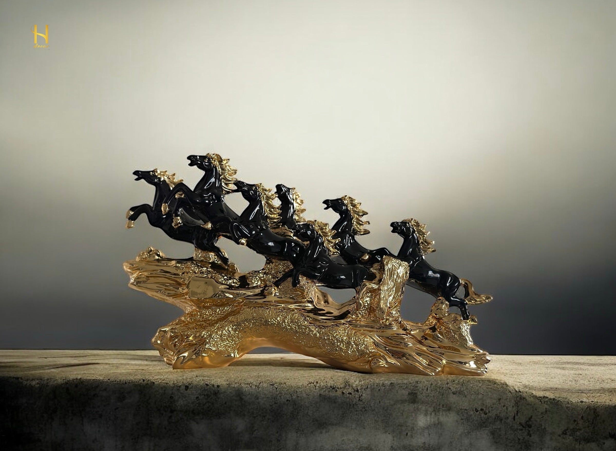Seven Black and Golden Horses Sculpture