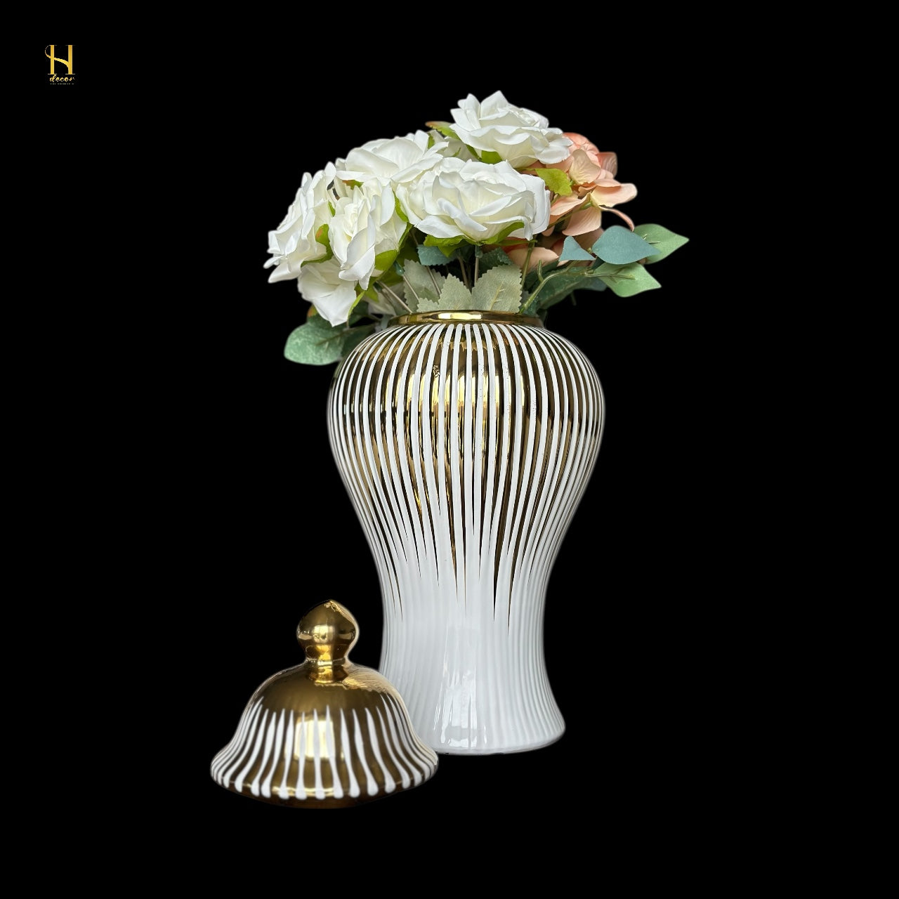 White Ginger Jar with Gold Stripes
