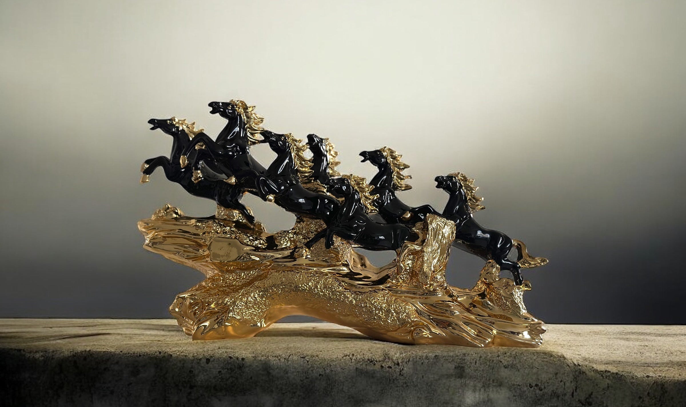 Seven Black and Golden Horses Sculpture