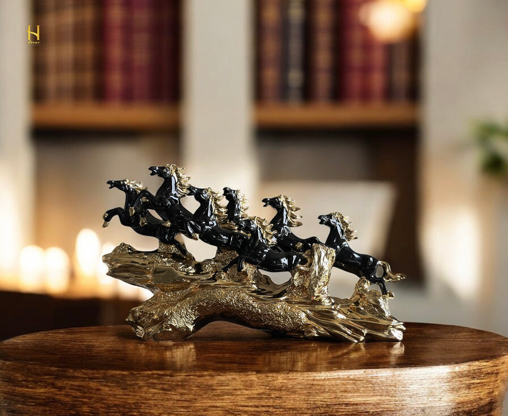 Seven Black and Golden Horses Sculpture