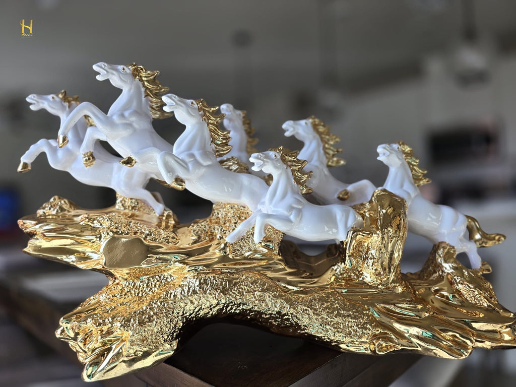 Seven Black and Golden Horses Sculpture