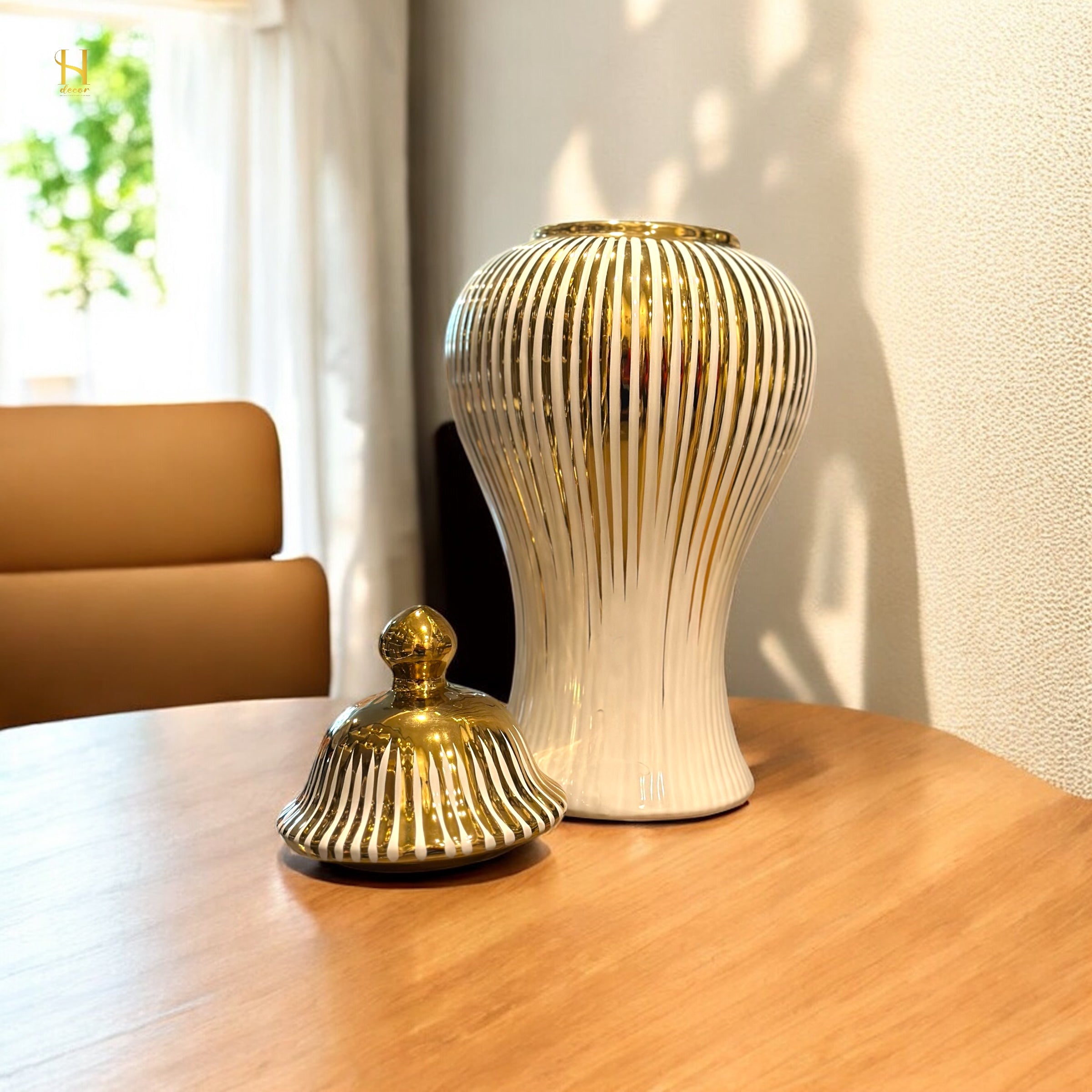 White Ginger Jar with Gold Stripes