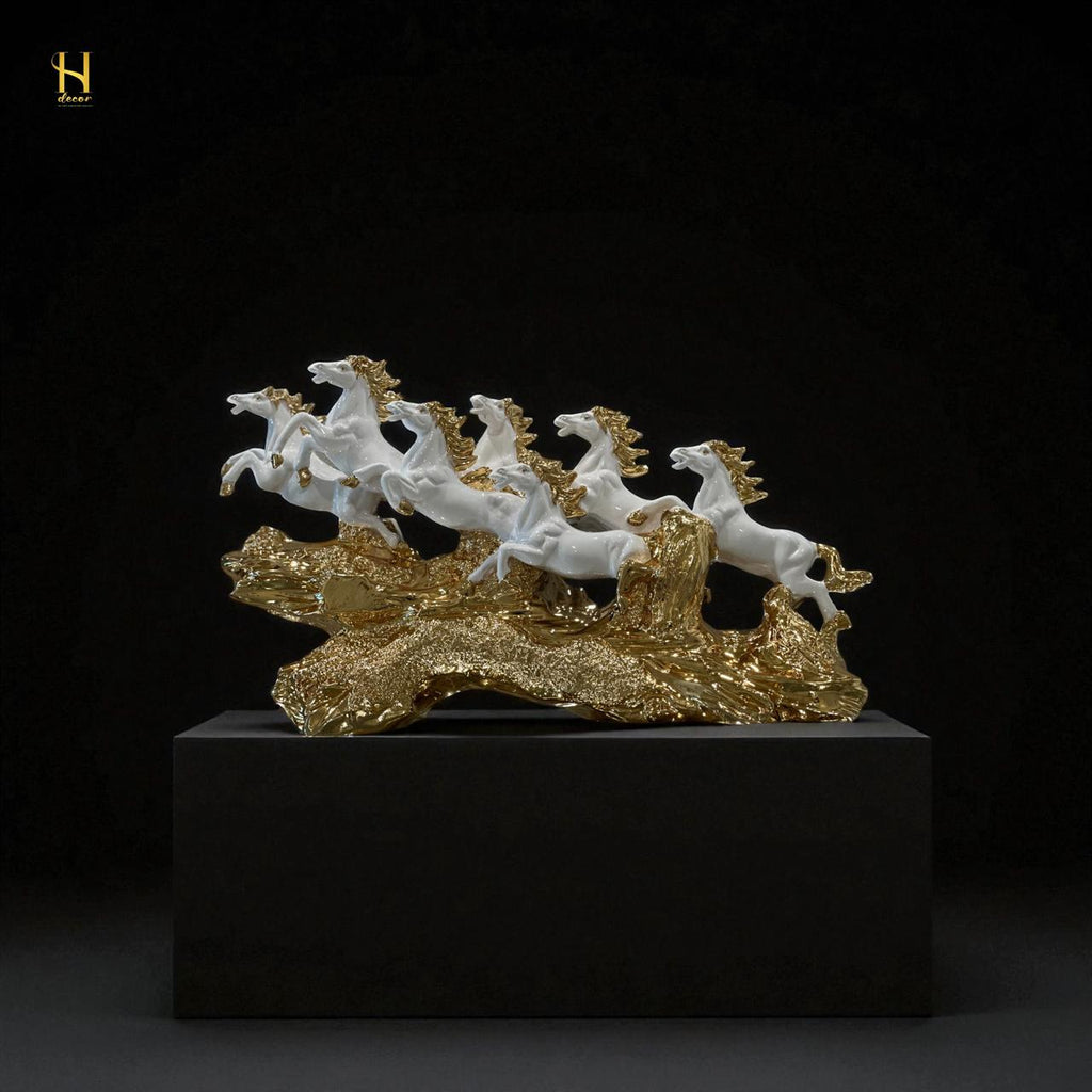 Seven Black and Golden Horses Sculpture
