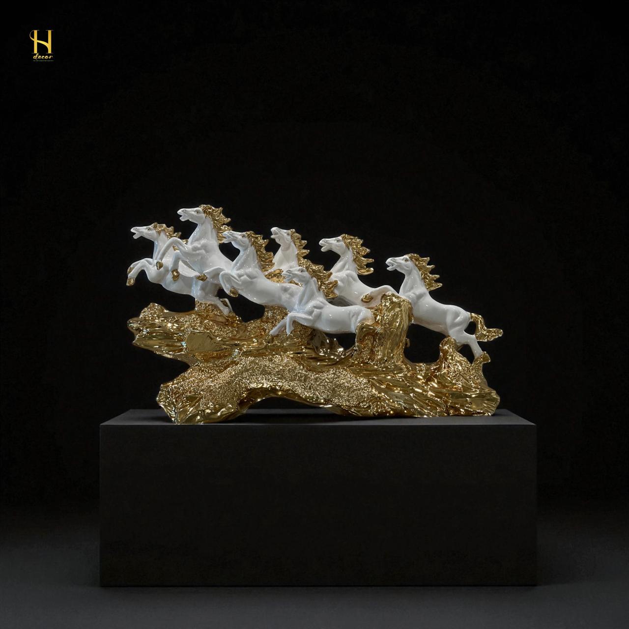 Seven Black and Golden Horses Sculpture