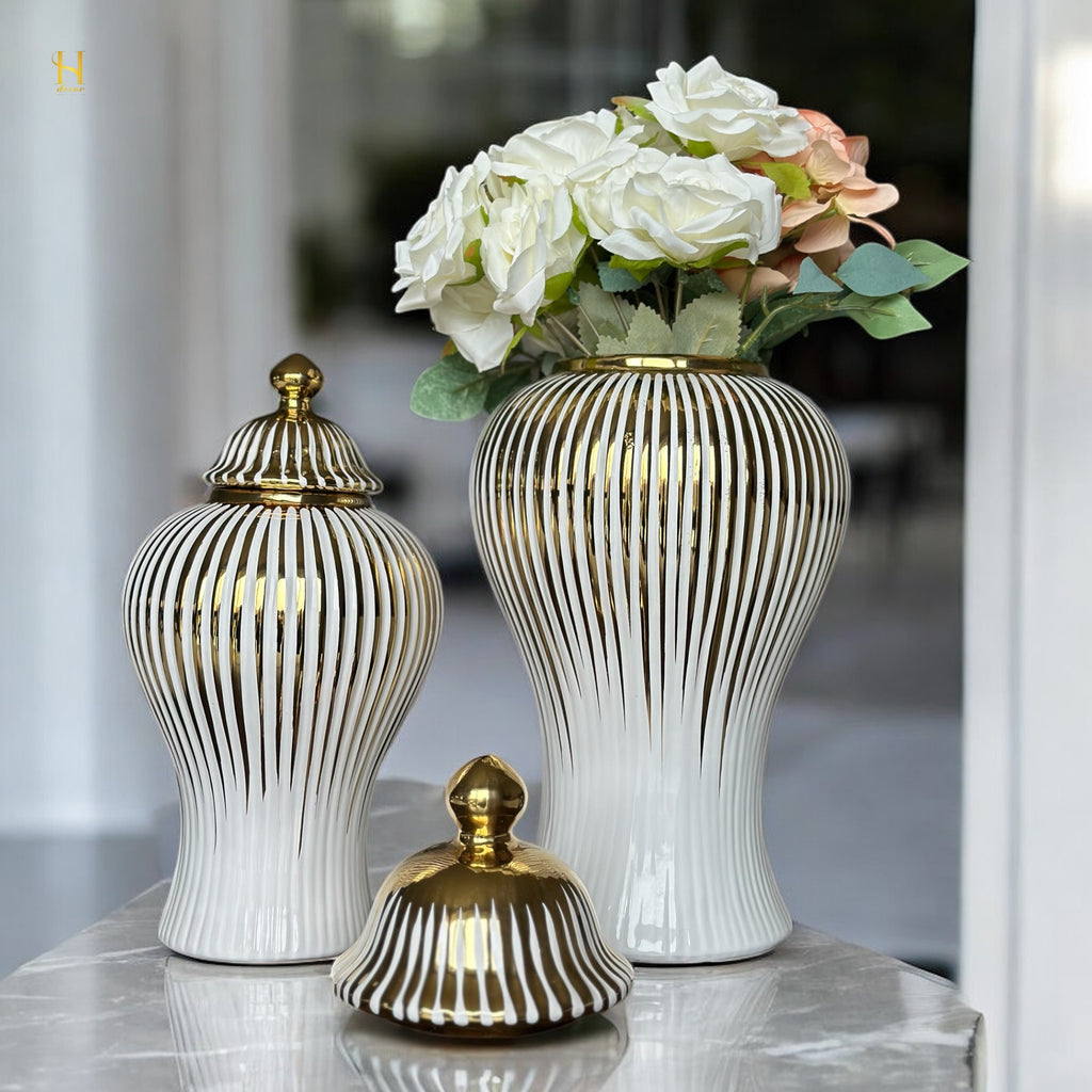 White Ginger Jar with Gold Stripes