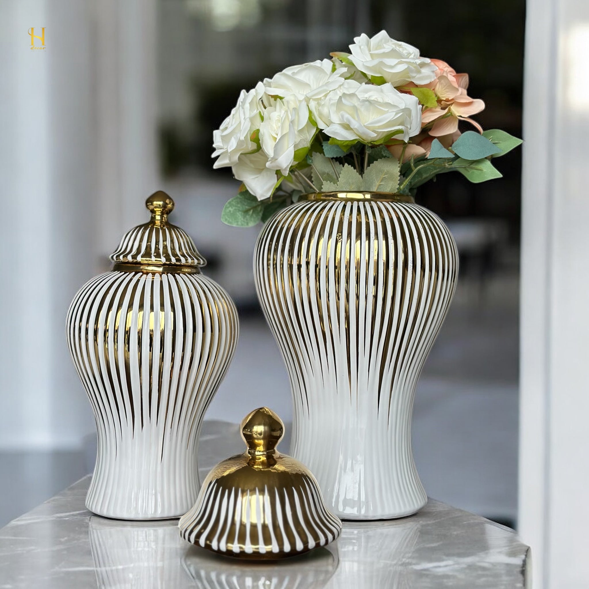 White Ginger Jar with Gold Stripes