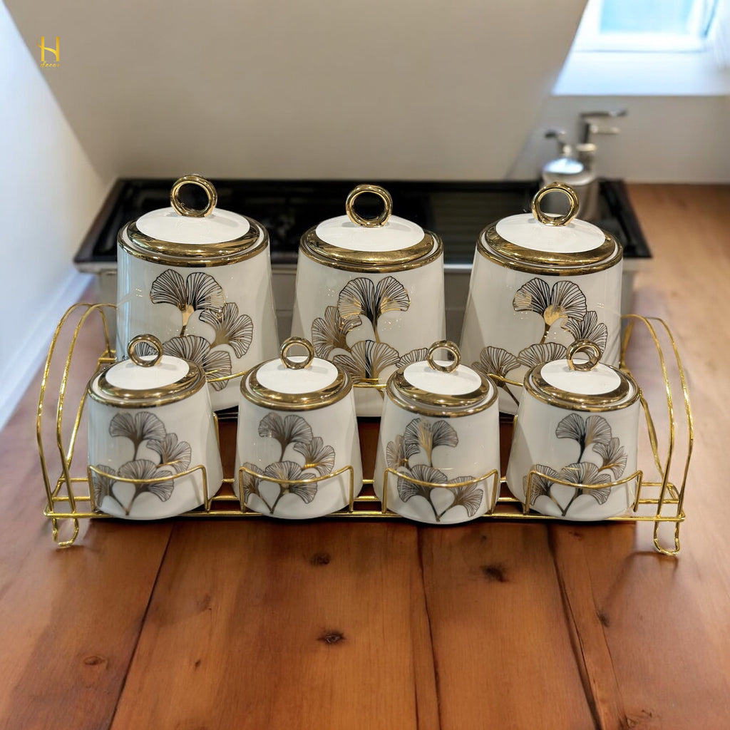 Luxury Ginkgo Leaf Canister Set /Spice Jar Set with Gold Accents - 7 Piece Collection