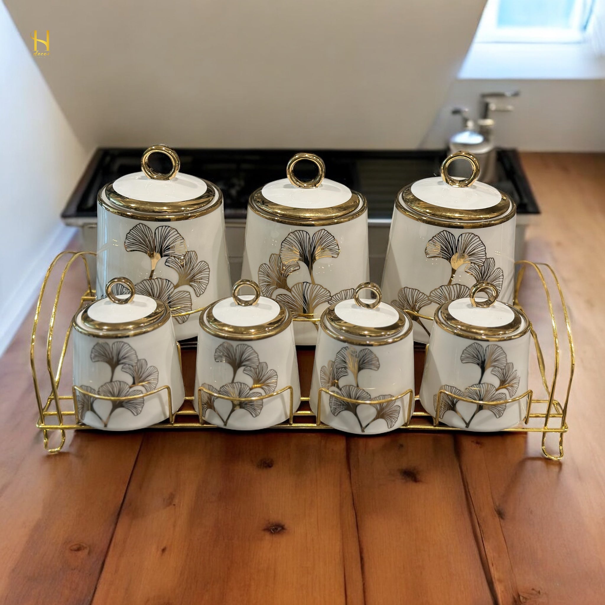 Luxury Ginkgo Leaf Canister Set /Spice Jar Set with Gold Accents - 7 Piece Collection