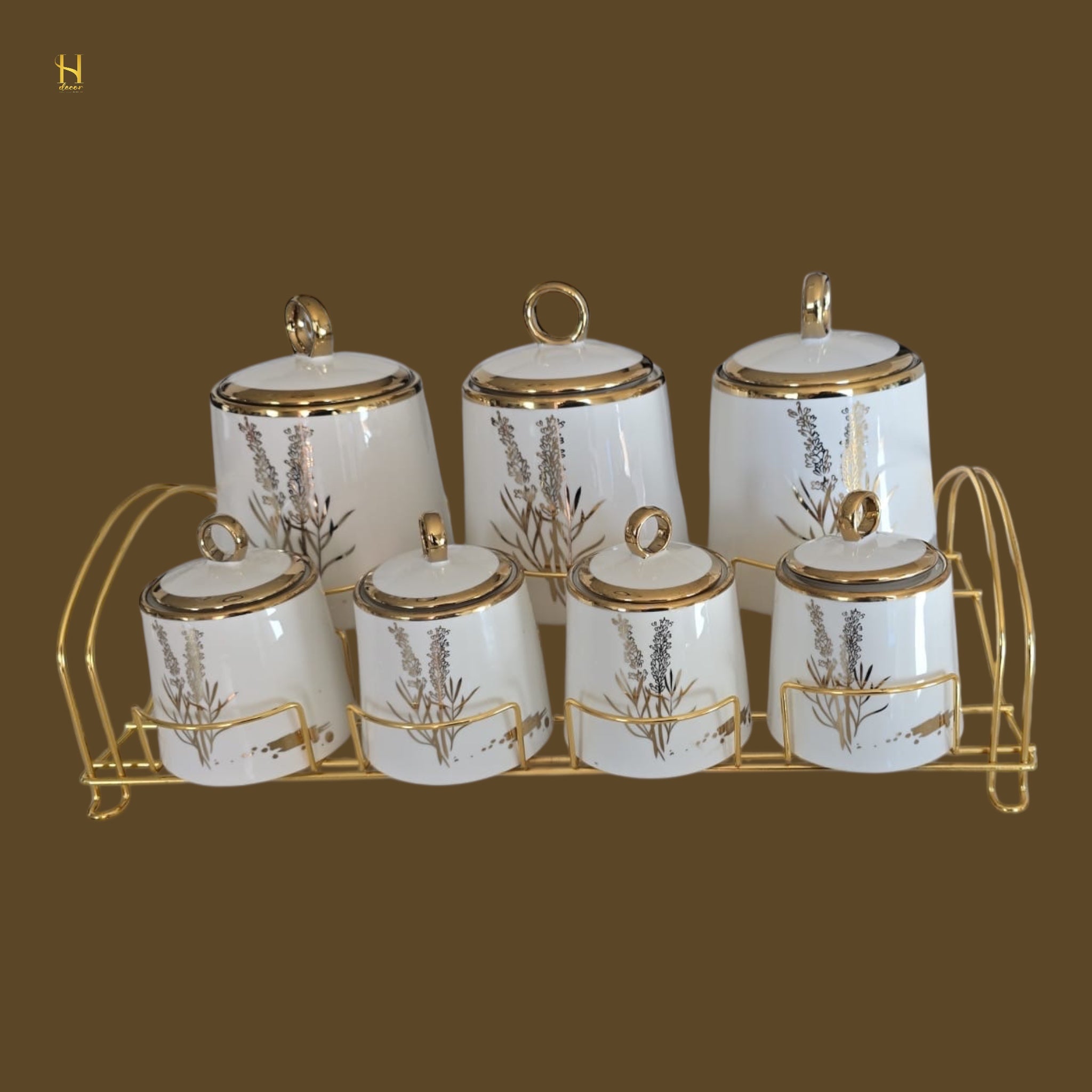 Floral Ceramic Canister Set with Gold Stand