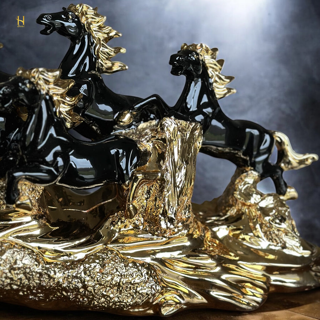 Seven Black and Golden Horses Sculpture