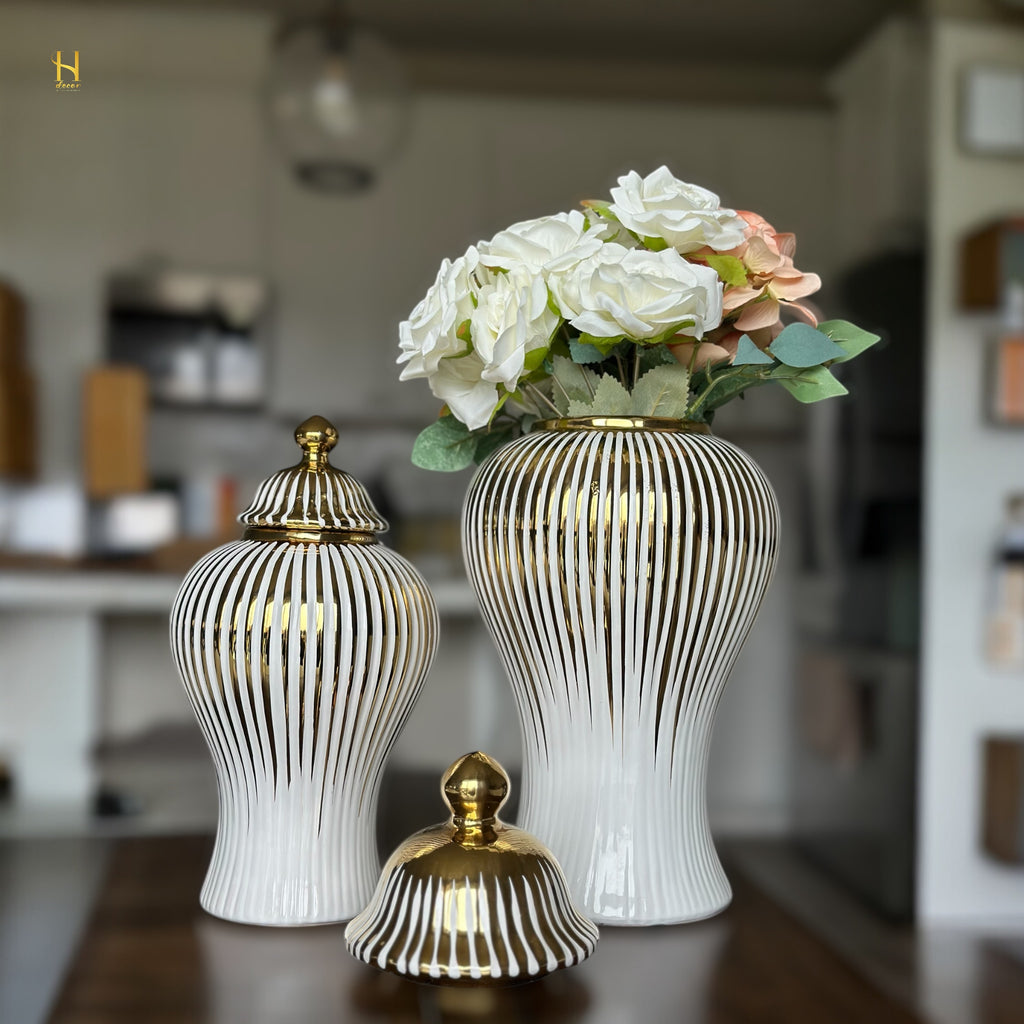 White Ginger Jar with Gold Stripes