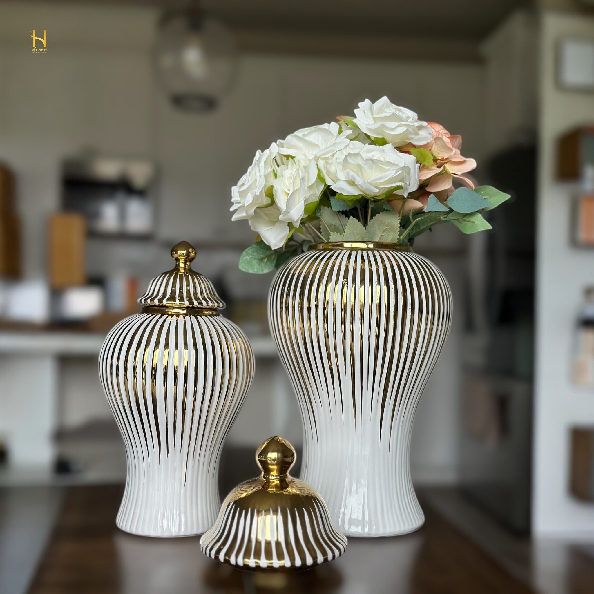 White Ginger Jar with Gold Stripes