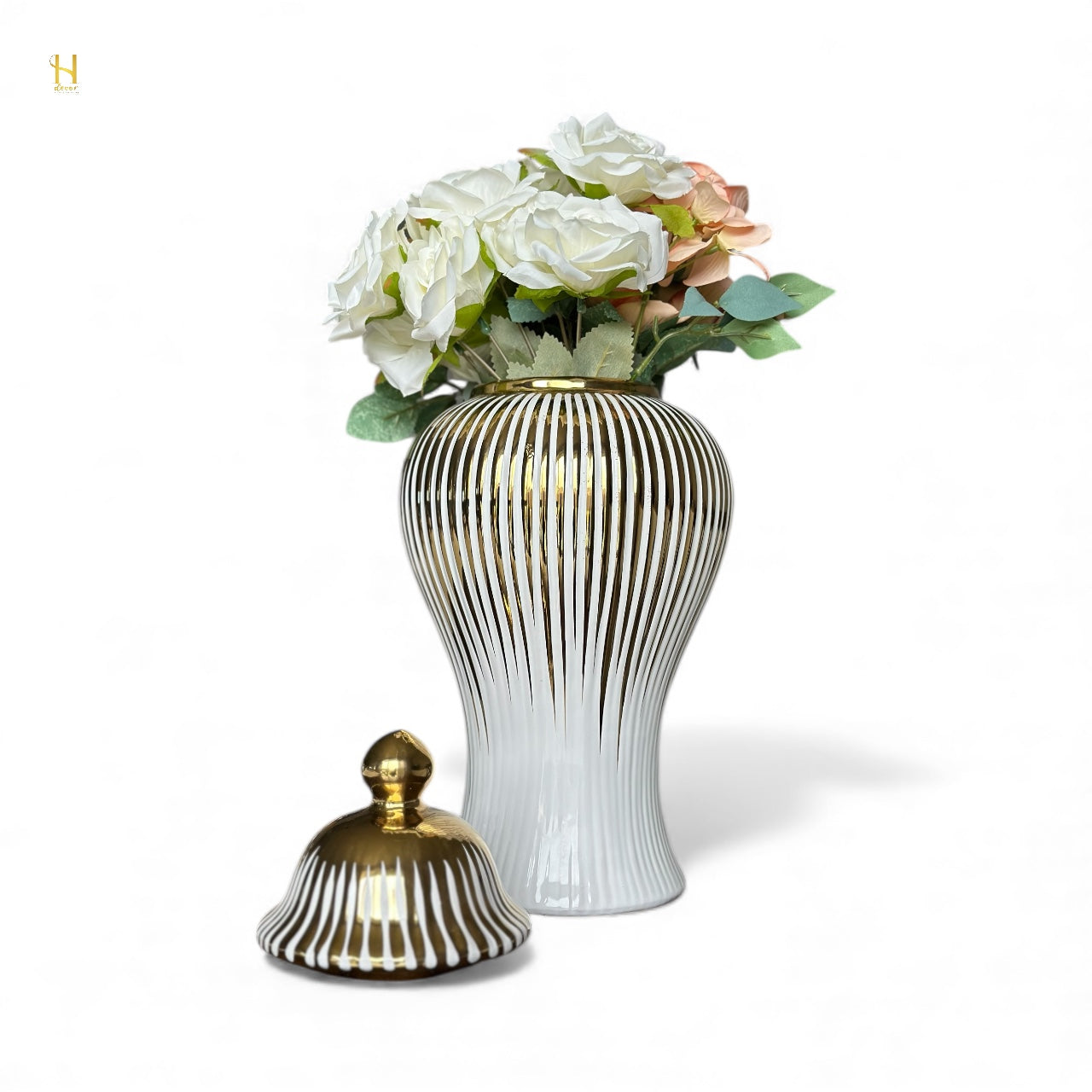 White Ginger Jar with Gold Stripes