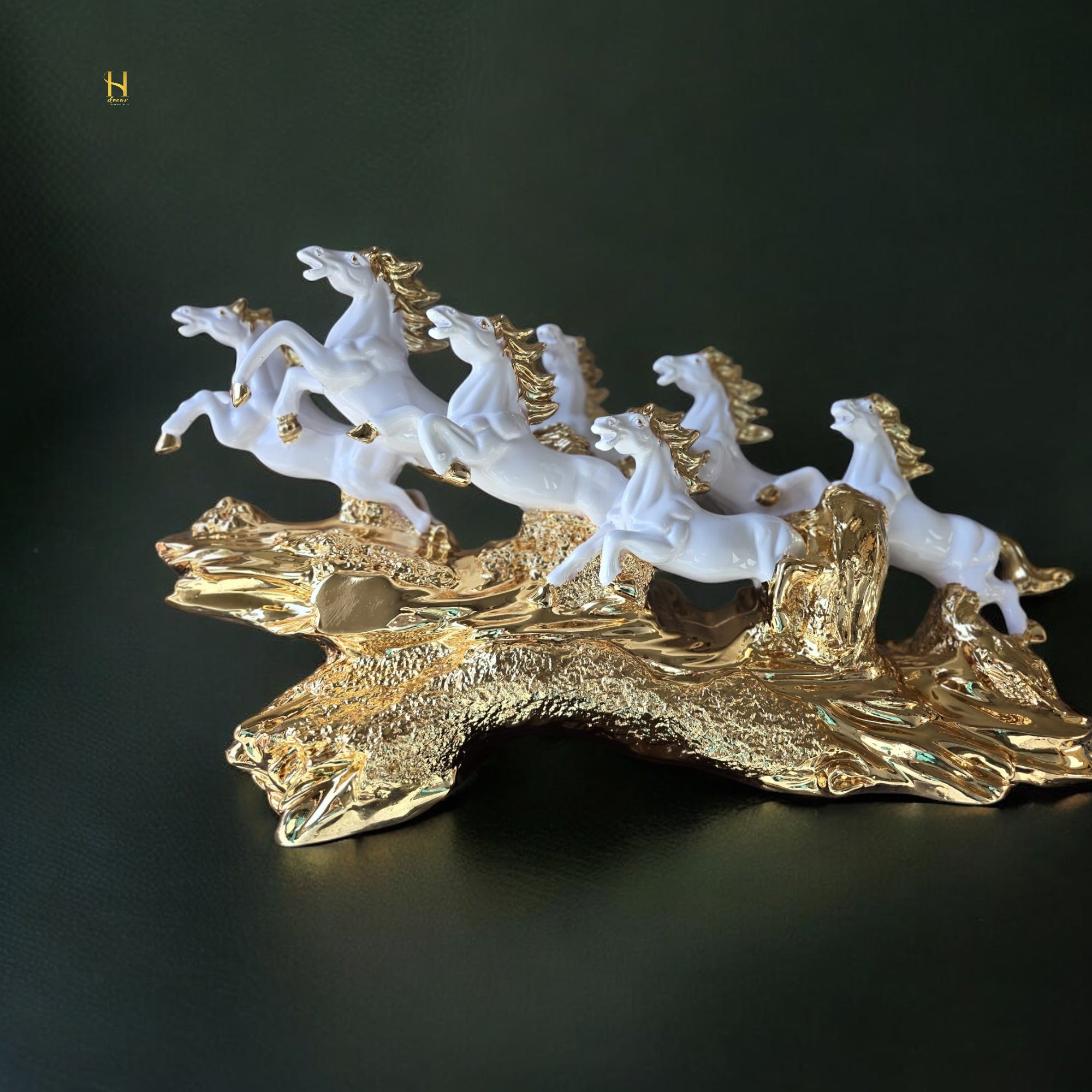 Seven Black and Golden Horses Sculpture