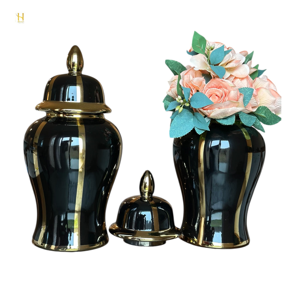 Black ginger jar with golden stripes